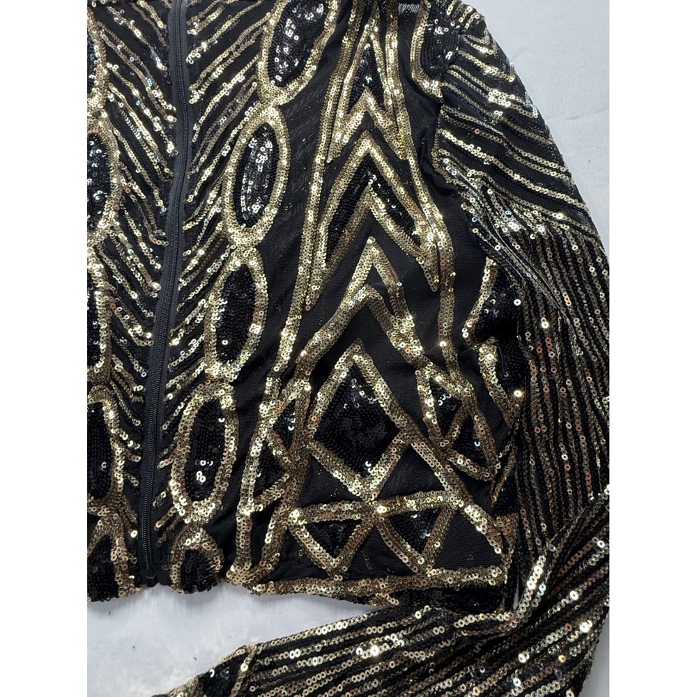 Gold Black Sequin Crop Top Long Sleeve Art Deco Geometric Festival Mock Neck - Picture 3 of 4